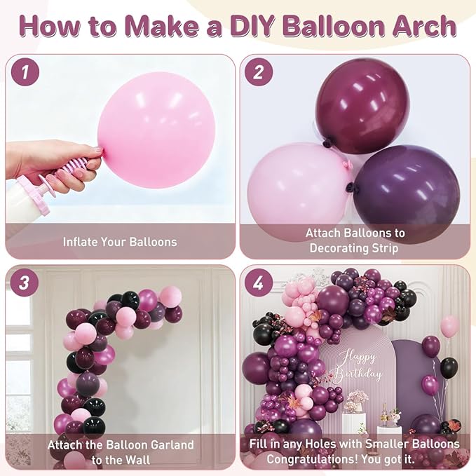 Dark Purple Black Pink Balloon Garland Arch Kit, 167Pcs Latex Balloons Wisteria Lavender Pastel Pink Pearlescent Plum for Birthday Bridal Shower New Years Party Decorations