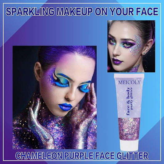 MEICOLY Chameleon Purple Hair Glitter,Holographic Chunky Face Body Glitter,Mardi Gras Accessories for Women,Self-Adhesive Color Changing Mermaid Face Glitter,Festival Makeup for Face Body Hair