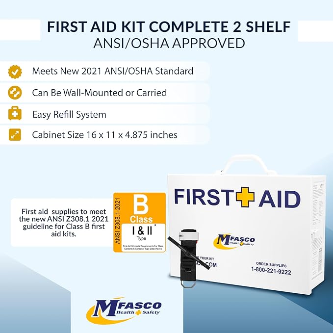 MFASCO 2 Shelf First Aid Cabinet - ANSI/OSHA Class B Type I & II - Medi First Brand Bandages - Carry or Wall Mount - Easy Restock & Refill - - White Enamel Finish - 226 Pcs - 16"x11"x4 7/8"