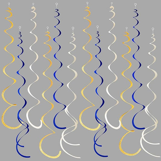 36 Pcs Blue Gold Hanging Swirl Decorations Royal Blue Glitter Gold Beige Felt Swirl Streamer Spiral Ceiling Garland for Birthday Graduation Wedding Baby Shower Retirement Nautical Ahoy Achor Party