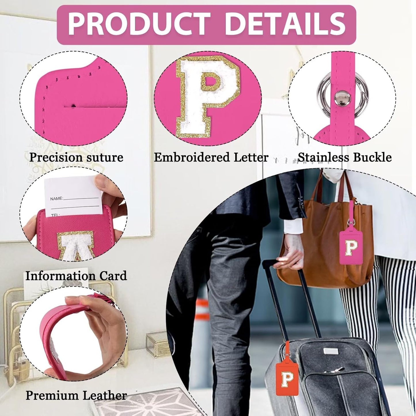 Personalized Initial Luggage Tags for Suitcases, Leather Chenille Letter Cute Luggage Tags with Privacy Name Card, Embroidered Travel Bag Backpack Tags Gifts for Women Kids Girls Teens(Rosered-P)