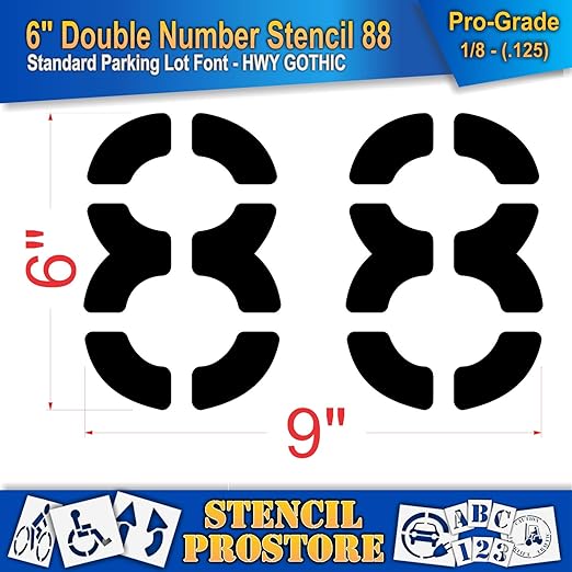 Pavement, Curb, and WheelStop Stencils - 6 inch Double Number Stencil - (88) - 6" x 9" x 1/8" (128 mil) - Pro-Grade