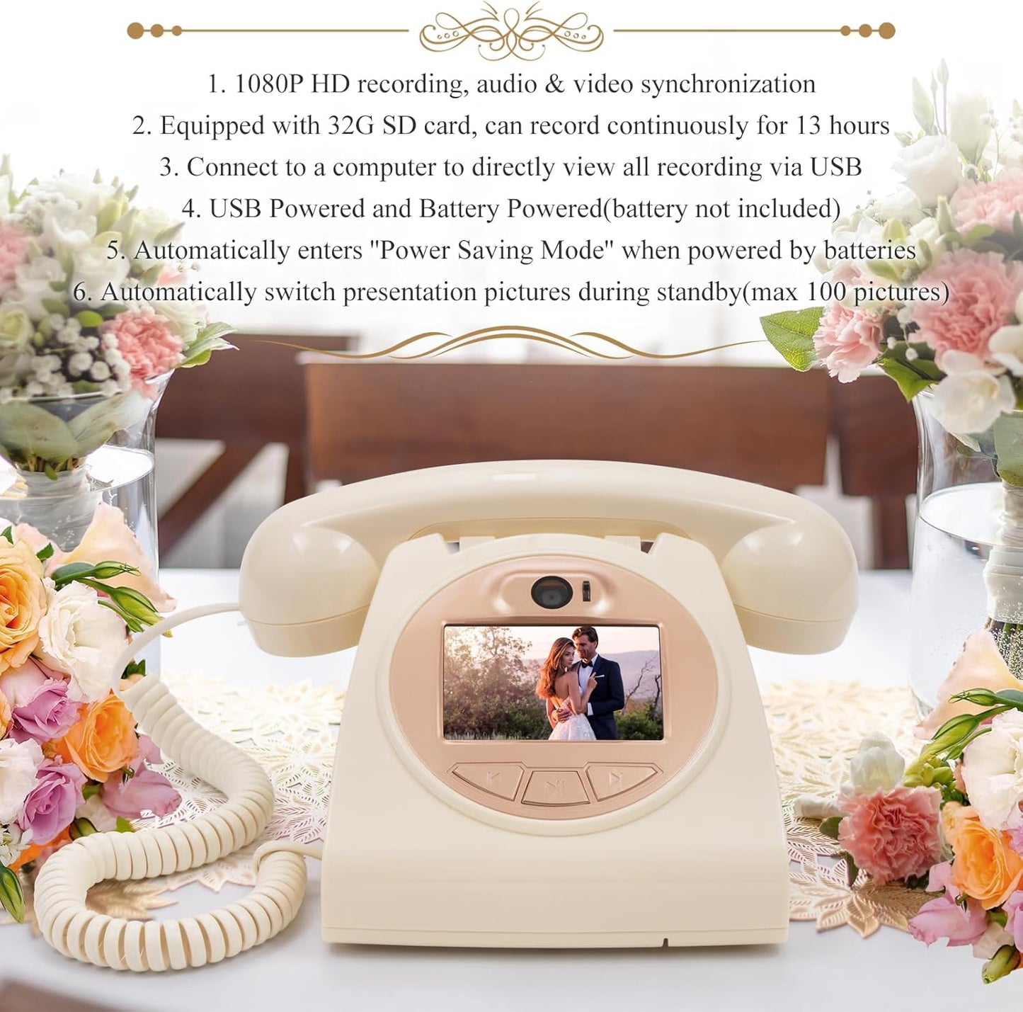 UKBW Video Audio Guest Book Wedding Phone, 1080P HD Video Audio Phone Guestbook, Preserve Your Special Occasions, Ideal for Wedding Bridal Shower, Birthday, Graduations, Baby Shower(Beige)