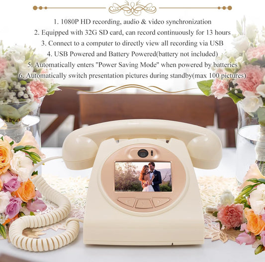 UKBW Video Audio Guest Book Wedding Phone, 1080P HD Video Audio Phone Guestbook, Preserve Your Special Occasions, Ideal for Wedding Bridal Shower, Birthday, Graduations, Baby Shower(Beige)
