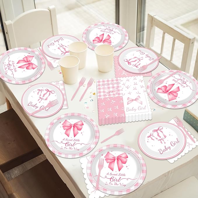 96Pcs Pink Bow Baby Shower Party Supplies Girl Bow Paper Plates Napkins Coquette Baby Girl Shower Party Decorations Dinnerware Favor Girls Bowknot Coquette Decor Dinnerware Favor Tableware Serves 24
