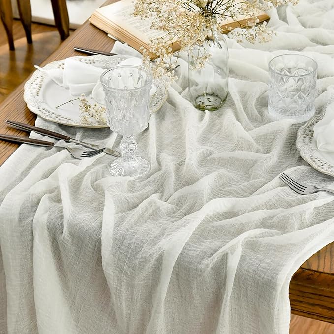 Artoid Mode Boho Milk White Gauze 3 Pieces Wedding Table Runner, 120 Inch Birthday Fabric Kitchen Dining Holiday Table Decor for Home Party Indoor