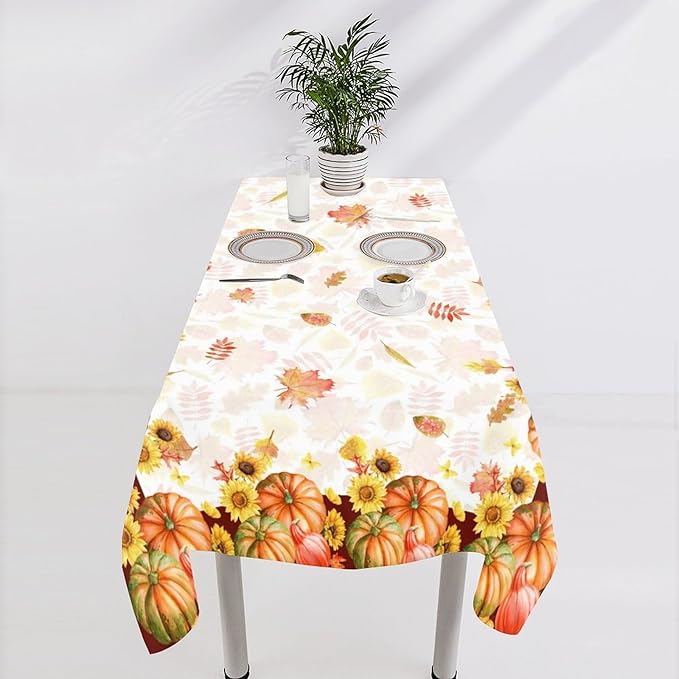 Autumn Thanksgiving Pumpkin Tablecloth, Vintage Retro Maple Leaves Watercolor Yellow Sunflower Fall Harvest Table Cover for Party Picnic Dinner Kitchen 55x75 Inch Rectangle