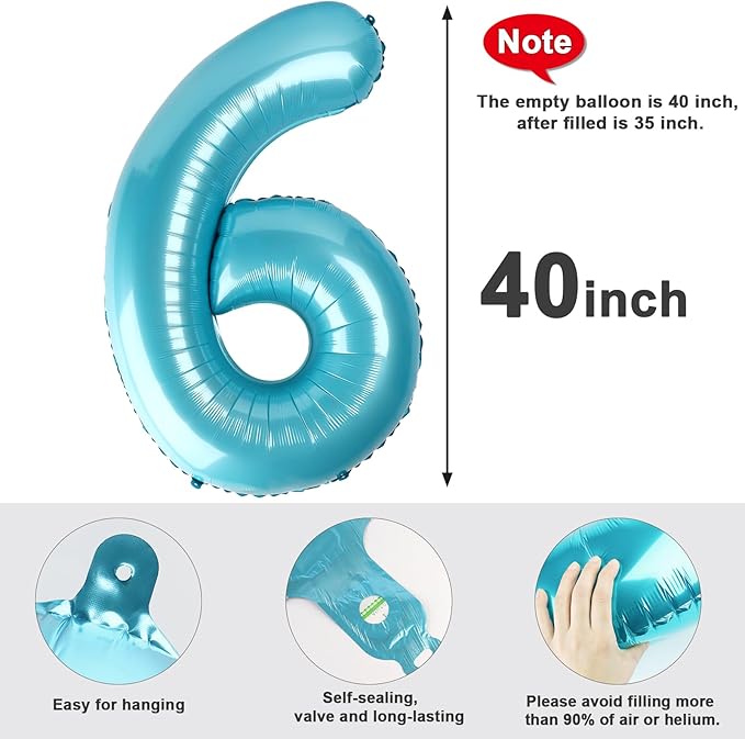 Number 6 Balloon 40 Inch, 6 7 Six Seven Birthday Decorations, 6th Birthday Balloon for Men Women, Pastel Blue 16 60 61 65 Numbers Balloons Graduations Anniversary Supplies