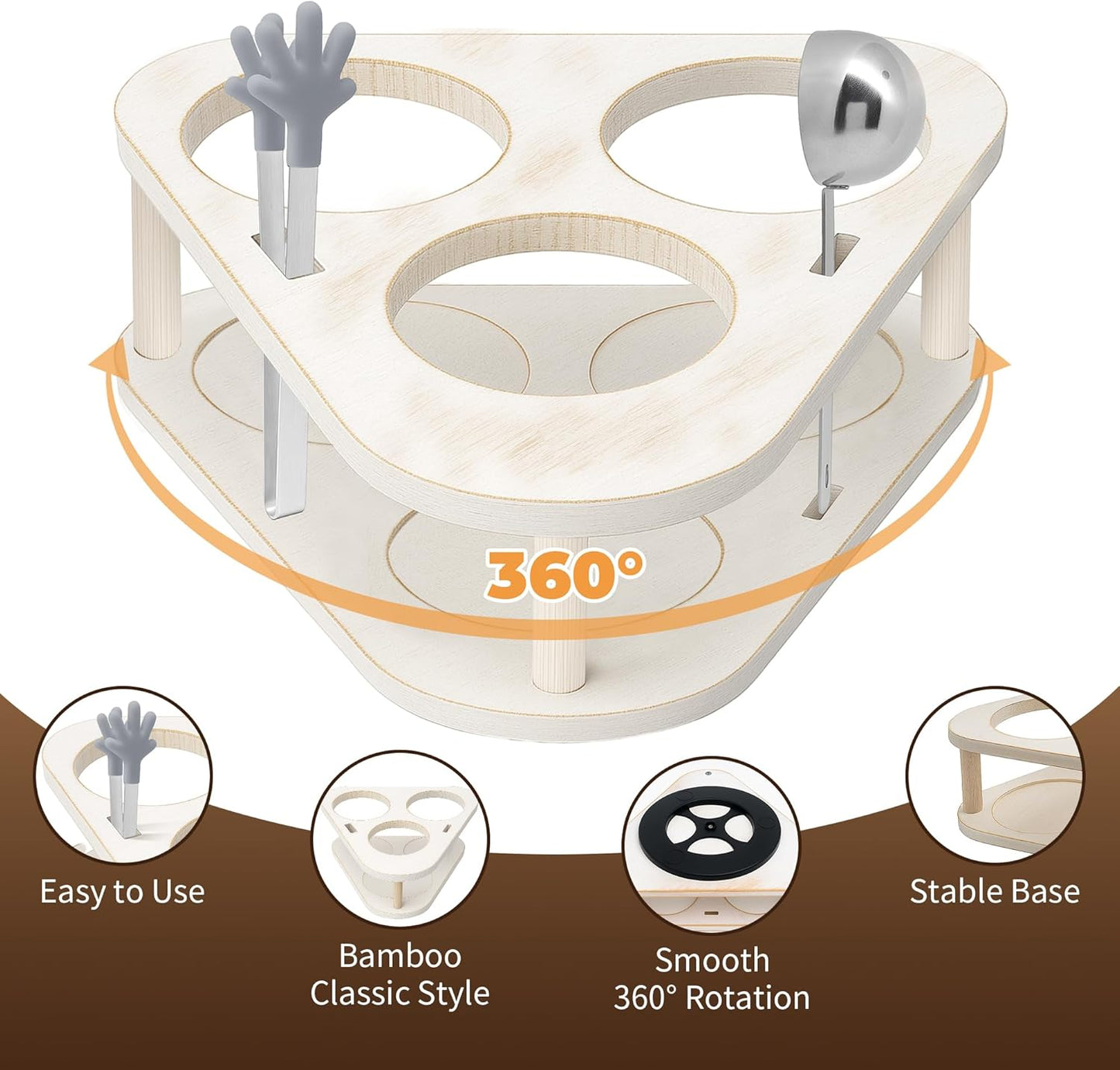 360° Rotating Dog Treat Holder Countertop Wood, Compact Dog Treat Tray for One-Hand Easy Access,3.8‘’ Diameter Slots for 3,Fit Most Spice Jar,Bottles,Cookie Tins & Pet Food Jars,Food Tong and Spoon