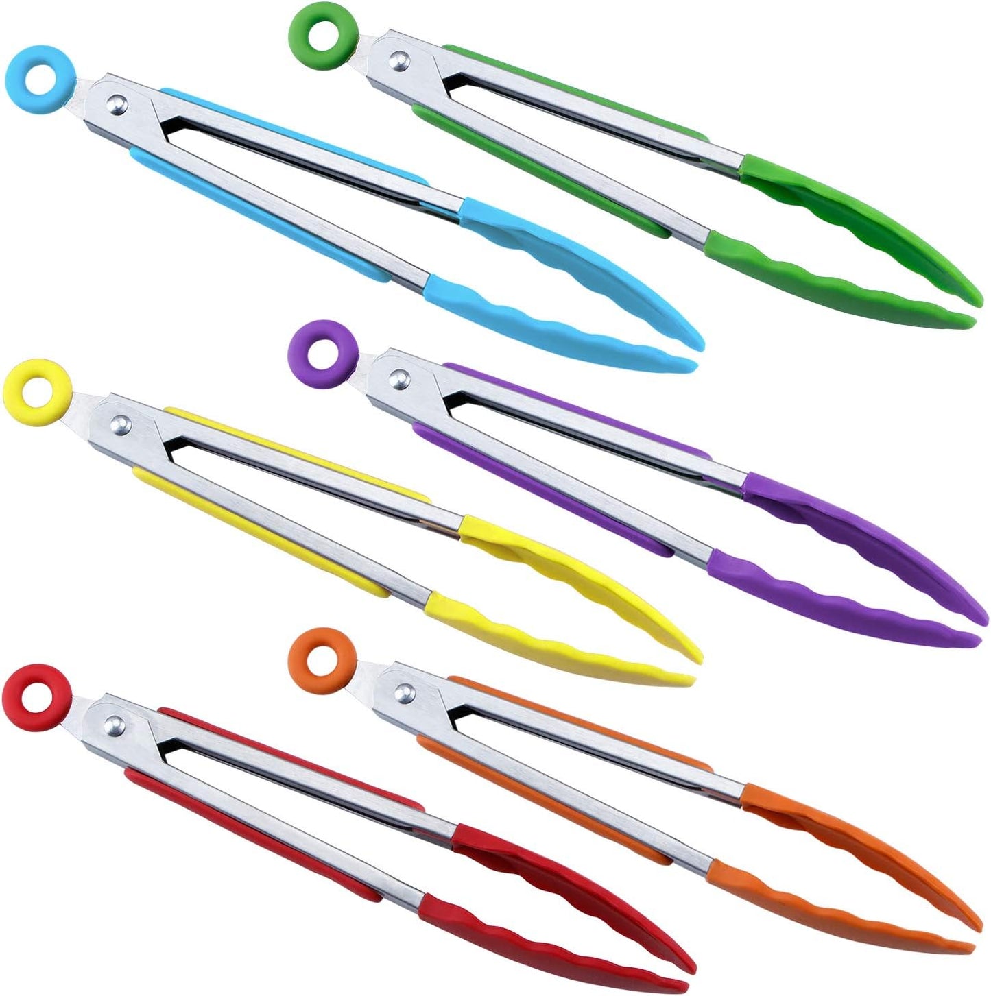 MSY BIGSUNNY Kitchen Food Tongs - 7" Mini Silicone Serving Tongs - Set of 6 (purple red orange green yellow blue)