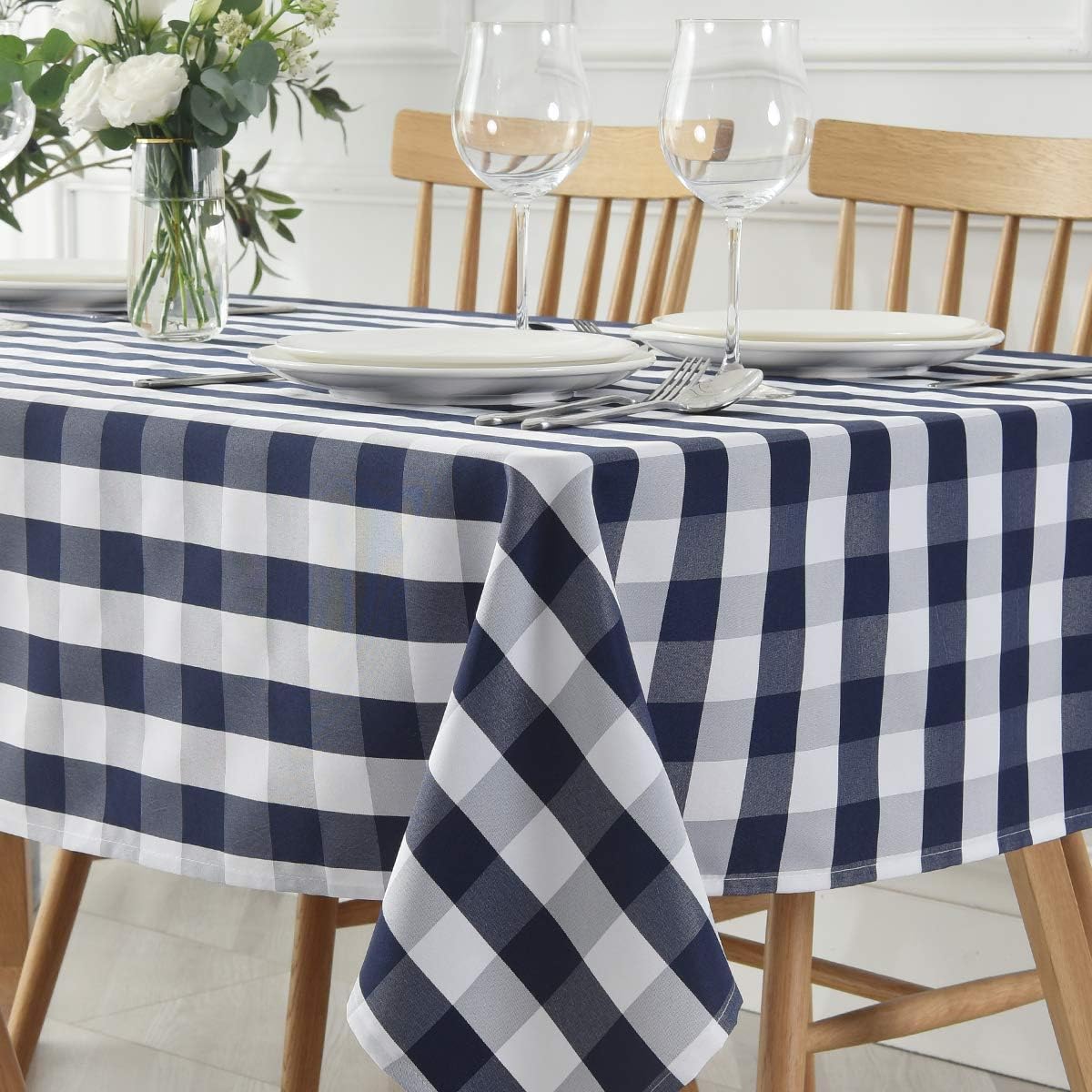 maxmill Square Checkered Tablecloth Water Resistance Antiwrinkle Spillproof Heavy Weight Gingham Table Cloth Buffalo Plaid for Buffet Banquet Parties Event Holiday Dinner 70 x 70 Inch Navy and White