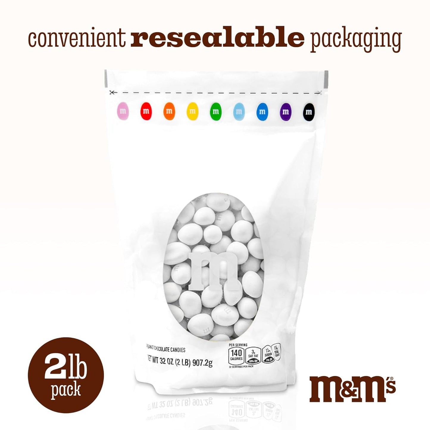 M&M’S WORLD White Peanut Chocolate Candy, 2lbs of Bulk Candy in Resealable Pack for Weddings, Graduations, Dessert Tables, Birthday Parties, Candy Bars & Sweet Stuff for DIY Party Favors