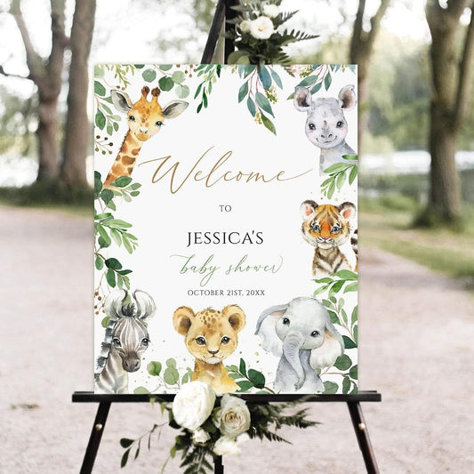 Editable Welcome Sign, Safari Jungle Baby Shower Decoration, Plastic, 24x18 inches