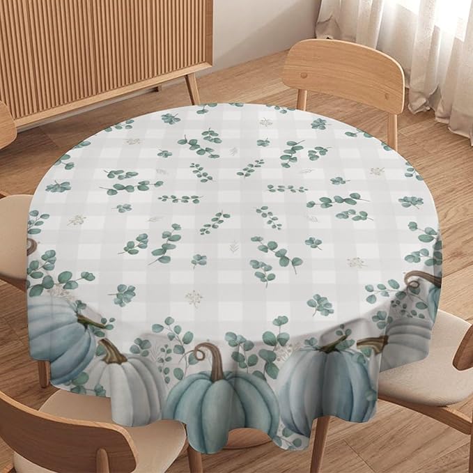 YCness Thanksgiving Pumpkin Tablecloth, Watercolor Eucalyptus Leaves Autumn Harvest Fall Watercolor Blue Gray Grid Table Cover for Party Picnic Dinner Kitchen 70x70 Inch Round