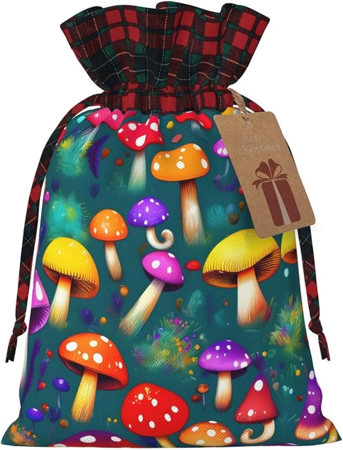 PULaif Bright Mushrooms Arts Christmas Drawstring Gift Bags, Large Size Christmas Bags For Gifts Party Favors, Xmas Gift Bags