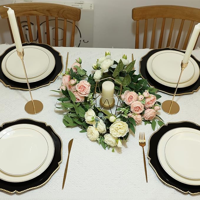 Black scalloped charger plates with Gold beaded rim,13 inch plastic dinner chargers for wedding and party table settings, Glossy Finish (set of 6)