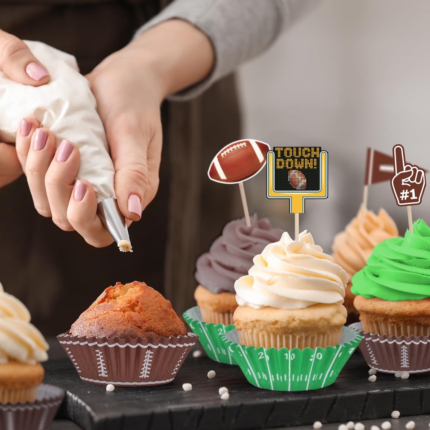 Football Party Supplies: 300-Count Football Cupcake Liners & Wrappers - Game Day, Birthday, and Tailgate Parties - Premium Football Cake Decorations - Football Party Favors