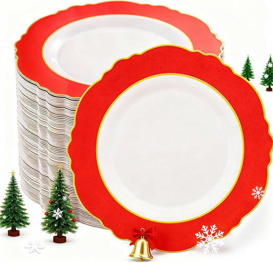 WDF 60pcs Red Christmas Plastic Plates Disposable - 7.5inch Heavy Duty Red Dessert/Salad/Cake Plates for Christmas