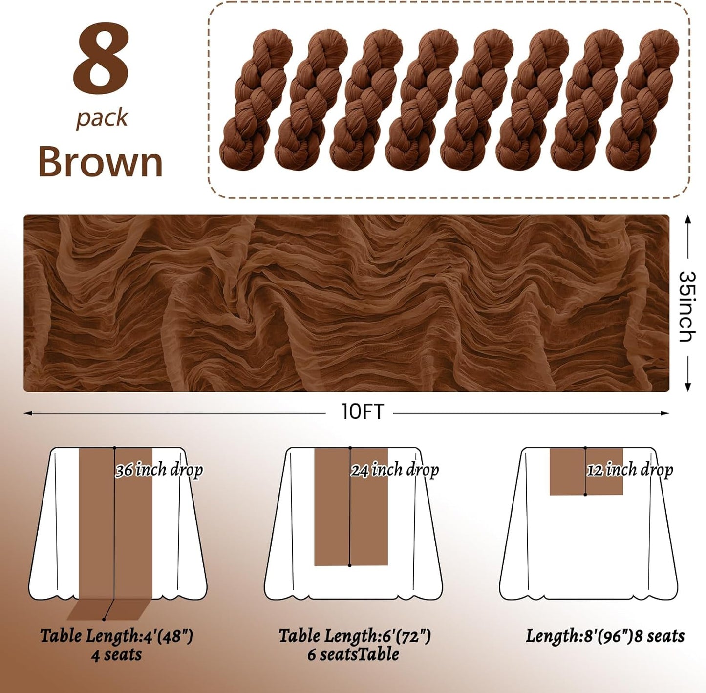 8Pack Brown Table Runner 10FT Cheesecloth Table Runner 35x120Inch Long Boho Cheese Cloth Table Runners Rustic Gauze Table Runners for Party Wedding Bridal Shower Baby Shower Decorations