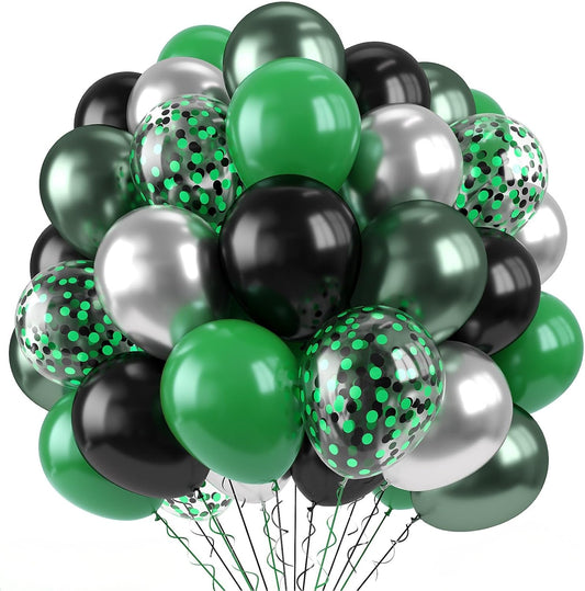 Paready Green and Black Balloons Set, 60Pcs Metallic Green Silver Graduation Balloons,12 Inch Black Silver Confetti Balloon Latex for Birthday Football Soccer Theme Graduation Party Decorations