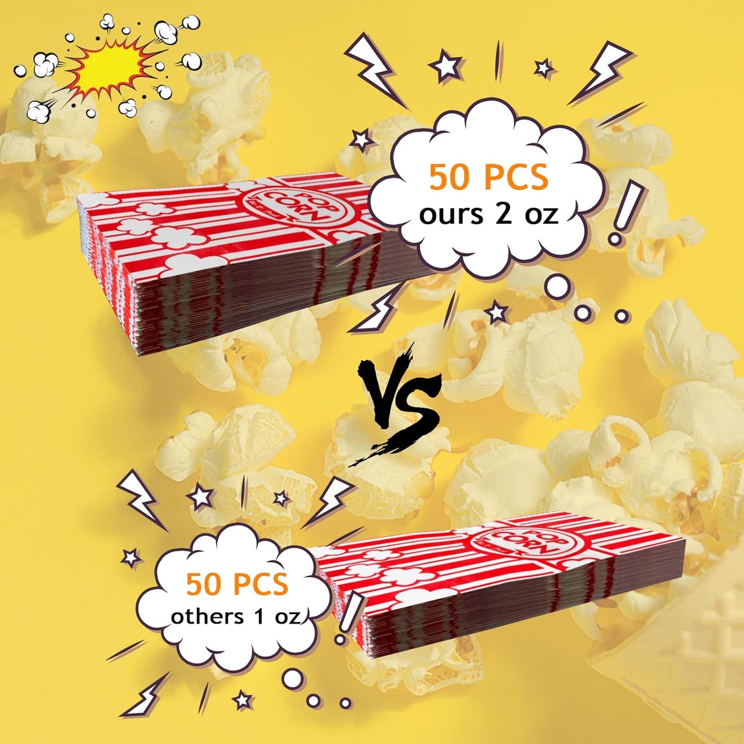 50 Pcs Flat Bottom Popcorn Bags, 2 oz Paper Popcorn Bags for Family Movie Night Baseball Themed Carnival Christmas Birthday Party