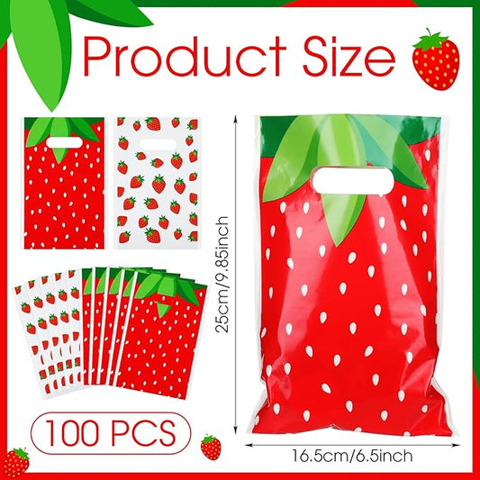 Frienda 100 Pcs Strawberry Party Favors Bags Strawberry Candy Gift Bags with Handles 9.84''x 6.5'' Red Berry Plastic Goodies Treat bag for Baby Shower Summer Berry Theme Parties Decor Supplies