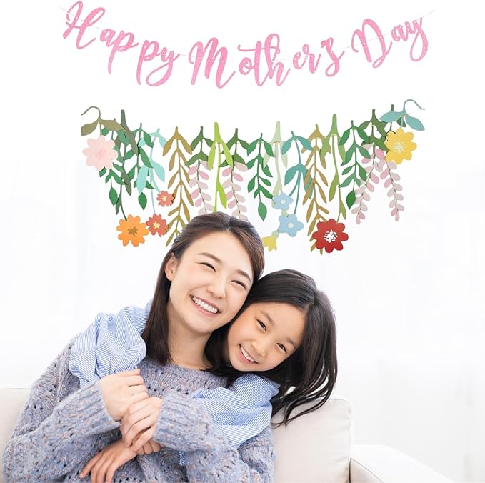 Giga Gud Happy Mother's Day Banner Set Decoration for Mom's Day Party Decorations Backdrop Garland for Mom Mother's Day Glitter Garland Photo Props (Pink Letter Flower)