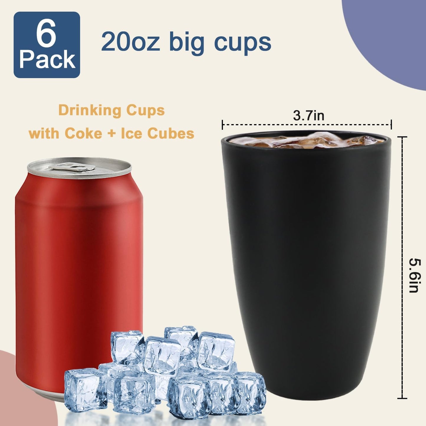Wheat Straw Cups 20 OZ Set of 6, Unbreakable Drinking Cup Reusable, Alternative to Plastic Cups Reusable, Kitchen Water Tumblers Dishwasher and Microwave Safe (Black, Grey)