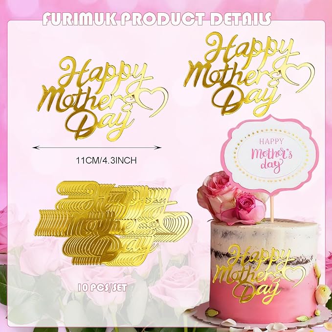 10 Pcs Happy Mother's Day Cake Toppers Gold Acrylic Mirror Cupcake Toppers for Mother’s Birthday Side Cake Decorations