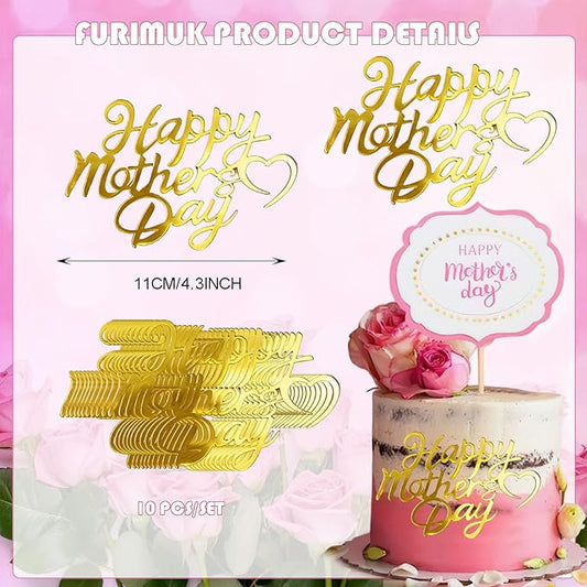 10 Pcs Happy Mother's Day Cake Toppers Gold Acrylic Mirror Cupcake Toppers for Mother’s Birthday Side Cake Decorations