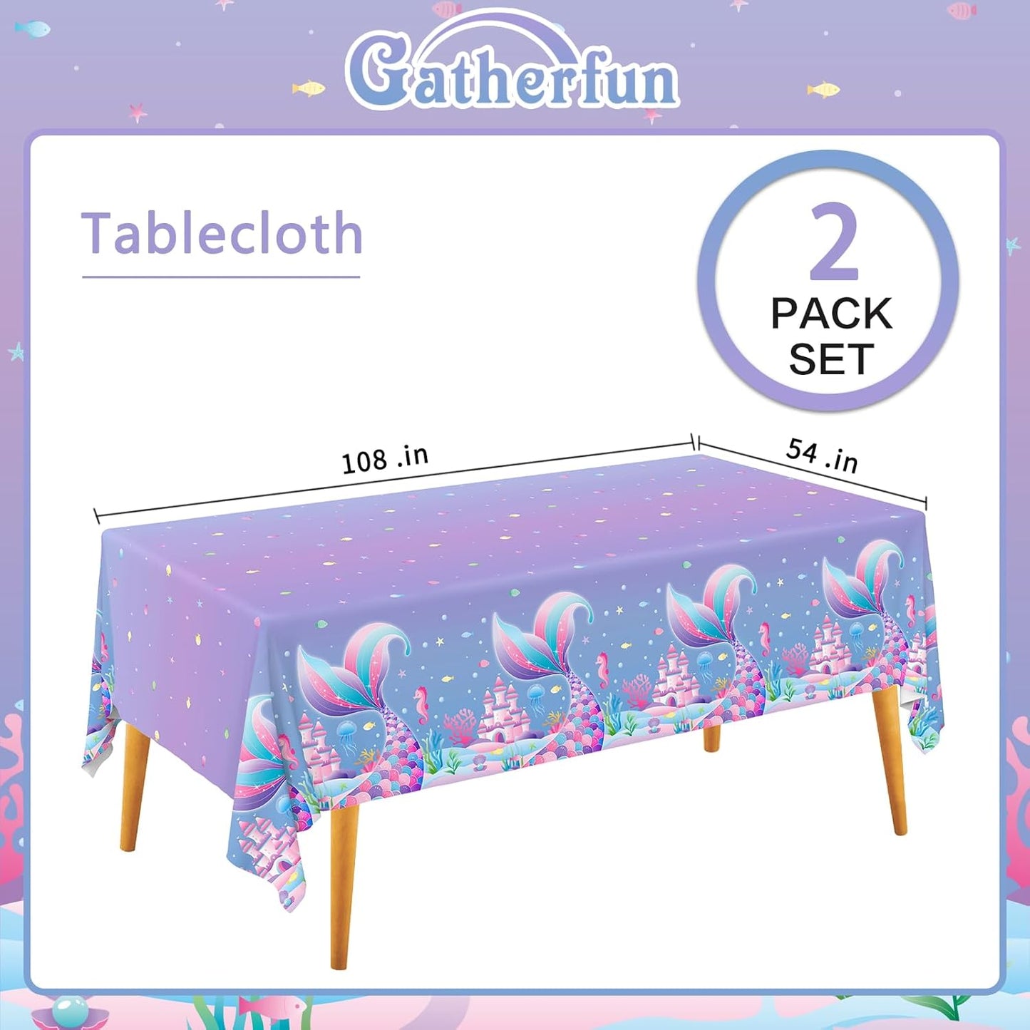 Gatherfun Mermaid Party Supplies Set: Mermaid Birthday Decorations, Includes 2-Pack Mermaid-Themed Tablecloths for Kids & Girls 1st Birthday, Mermaid Party Decorations Table Covers 54 x 108 Inch