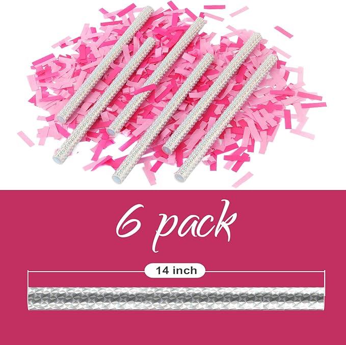 BATTIFE It's a Girl, 6Pack Gender Reveal Confetti Sticks, Tissue Paper Confetti Flick Flutter Wands for Baby Girl Shower, Wedding, Birthday Party Supplies Decoration, Shoot Poppers, 14inch Pink