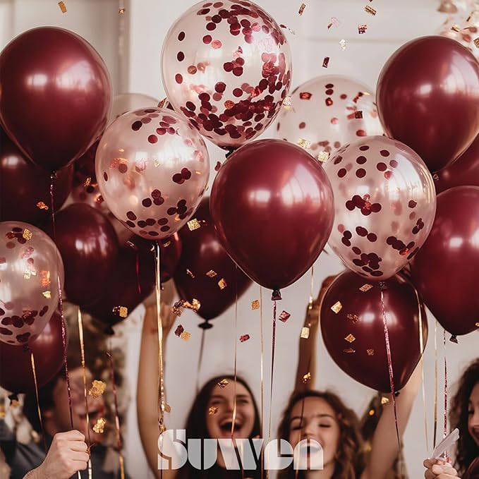 SUWEN Burgundy Balloons and Burgundy Confetti Balloons Set 47PCS Shiny Latex Helium Maroon Balloon for Birthday Graduation Anniversary Party Decorations