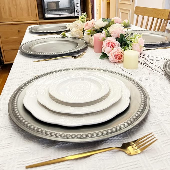 Antique Silver Charger Plates,13 Inch Vintage Dinner Plate Chargers Round Server Ware.Set of 6 Plastic Beaded Chargers for Dinner Plates, Party, Wedding(Silver)