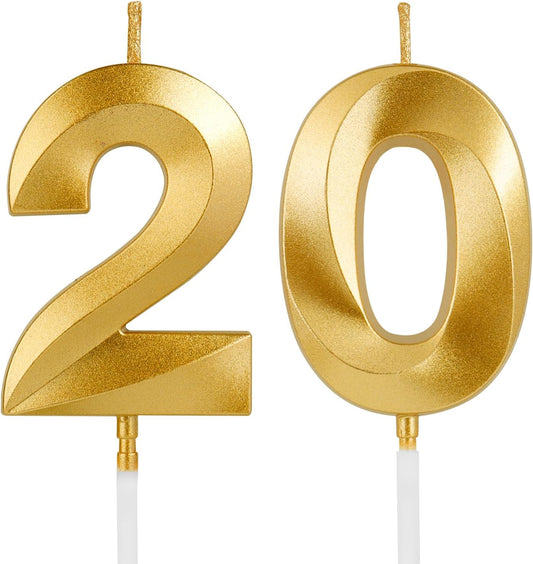 Birthday Candles, 1.96 Inch Number 20 Happy Birthday Candles, Number Candles Decoration for Birthday Party and Anniversary Celebration(Champagne Gold)