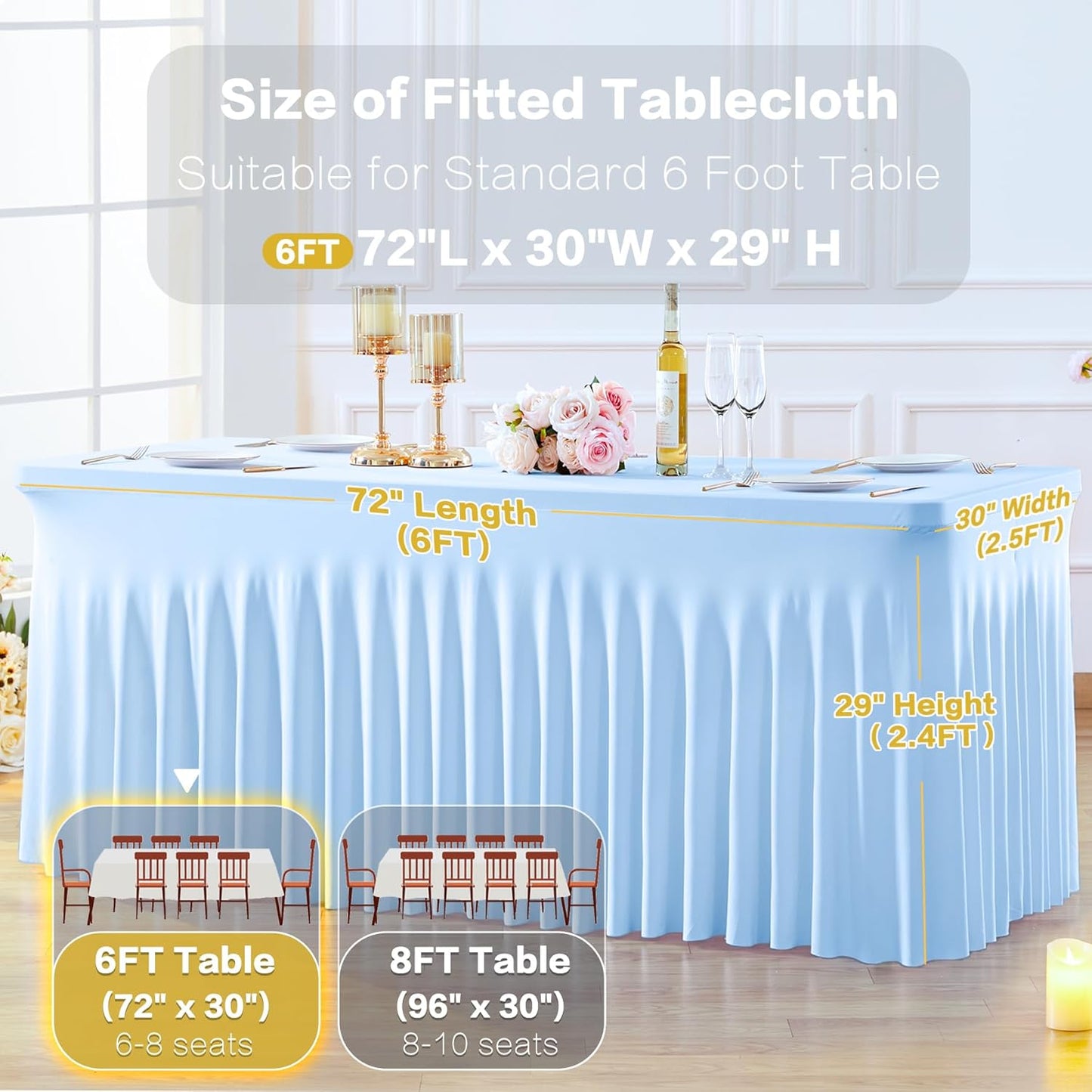 8 Pack Spandex Baby Blue Fitted Table Cloth for 6ft Rectangle Tables Baby Blue Stretch Tablecloth Table Covers Skirt Banquet Wrinkle Free Tablecloths for Parties Wedding