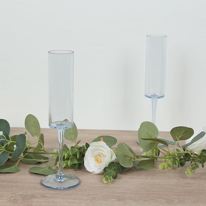 Efavormart 6 Pack Transparent Dusty Blue Reusable Plastic Champagne Flute Glasses in Cylindrical Shape, 6oz Wine Mimosa Glass Goblets with Long Stems - 9.5" Tall