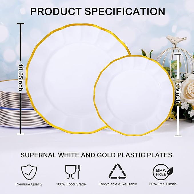 supernal 60 pcs White and Gold Plastic Plates for Party Fancy Elegant Scalloped Plates Heavy Duty Bridal Shower Plate Wedding Disposable Dinnerware Included 30 Gold Dessert Plate and 30 Dinner Plate