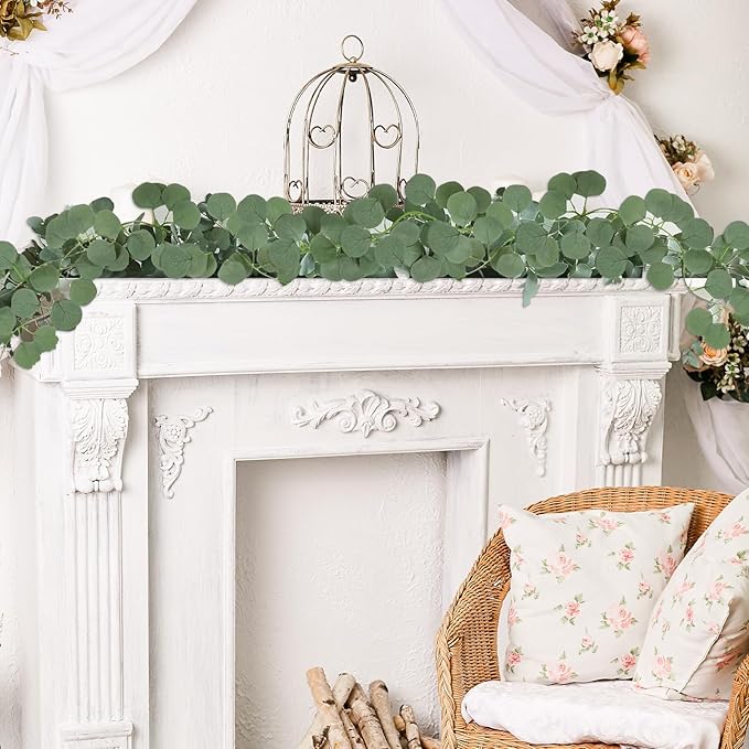 2Pack Artificial Eucalyptus Garlands, 5.9FT Faux Eucalyptus Vines Green Leaf Garland, Hanging Greenery Garland for Table Wedding Fireplace Mantel Decor (Leaf)