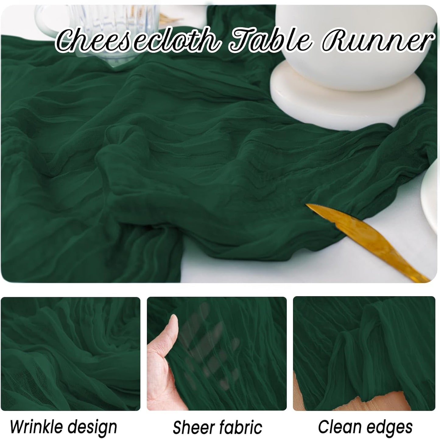 12 Pack Emerald Green Table Runners 10FT Cheesecloth Table Runner 21x120 inch Boho Gauze Cheese Cloth Table Runner Rustic Sheer Table Runners for Party Wedding Bridal Baby Shower Birthday Table Decor