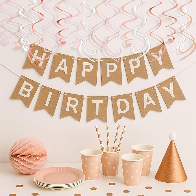 HonuGoGo Pink Hanging Swirl Decorations for Party – 42PCS Rose Gold Foil Ceiling Streamers with Hooks for Birthday, Bridal Shower, Bachelorette, Holiday Celebrations