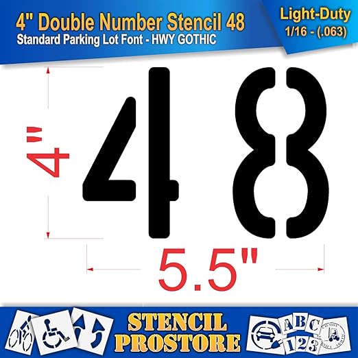 Pavement, Curb, and WheelStop Stencils - 4 inch Double Number Stencil - (48) - 4" x 5.5" x 1/16" (63 mil) - Light-Duty