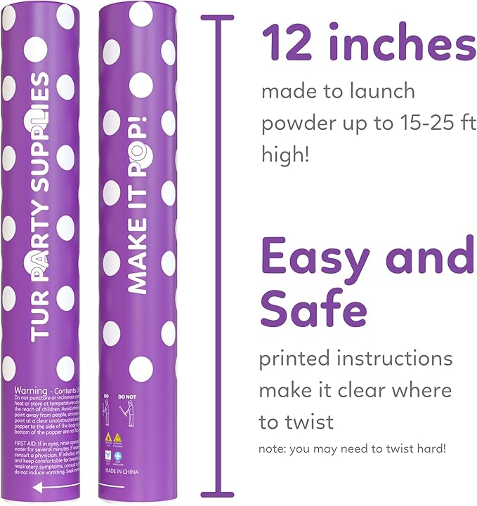 Purple Powder Cannons Smoke Bombs Biodegradable Poppers | 2 Pack | Launch up to 25 ft | 12 inch | Decorations For Photoshoots, Gender Reveal, Celebrations, Festivals, and Parties | TUR Party Supplies