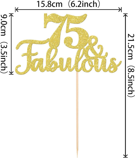 1 PCS 75 & Fabulous Cake Topper Gold Glitter 75th Birthday Anniversary Cake Pick Decoration for 75th Birthday Wedding Anniversary Party Decorations Happy 75th Birthday Cake Decorations Supplies