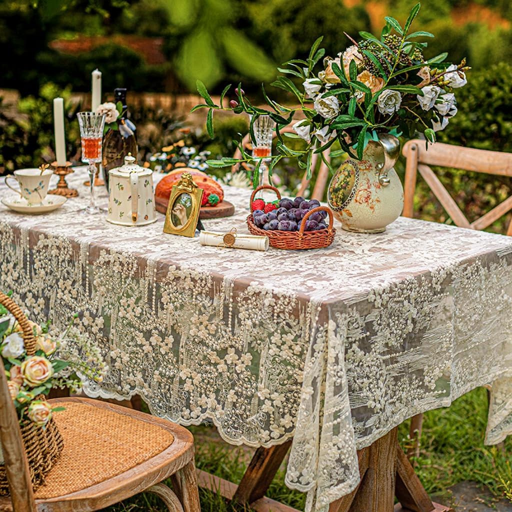 French Embroidery Lace Tablecloth - Round/Rectangular/Square Options for Coffee Tables, Vintage Beige Lace Table Cover for Kitchen, Dining Room, Party, Banquet, Wedding, Picnic, Home Decor（90*53in）