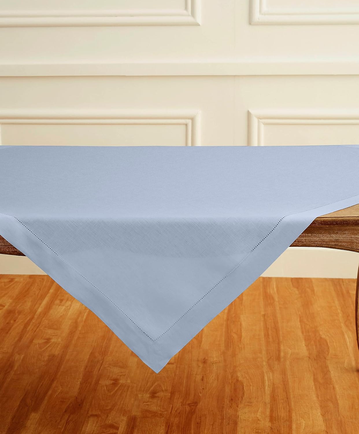 Solino Home Square Linen Tablecloth 52 x 52 Inch - 100% Pure Linen Sky Blue Table Throw - Classic Hemstitch, Machine Washable Table Cloth for Christmas