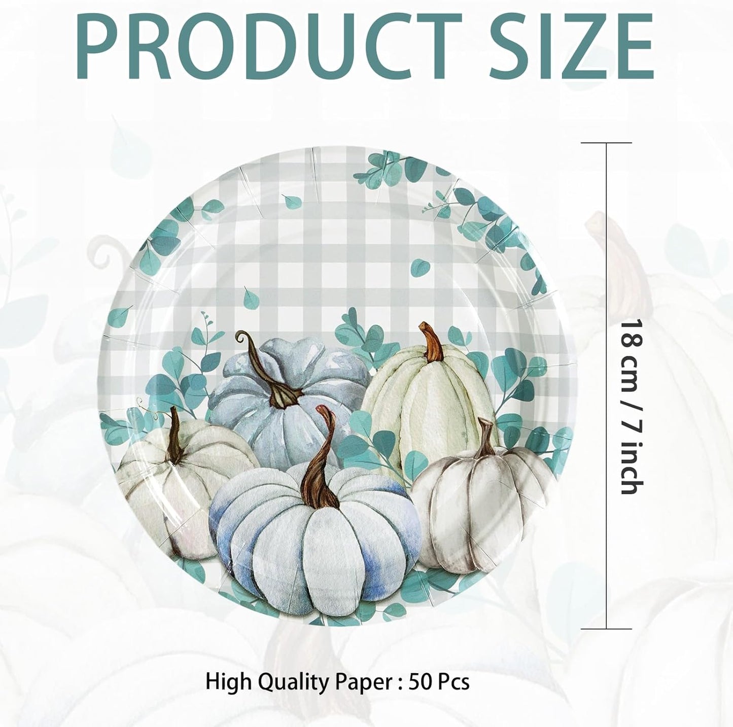 Grencian 50 Pcs Fall Blue Gingham Paper Plates 7" Blue Pumpkin Plates Disposable Thanksgiving Platter Fall Party Decorations for Thanksgiving Autumn Holiday Harvest Birthday Party Supplies