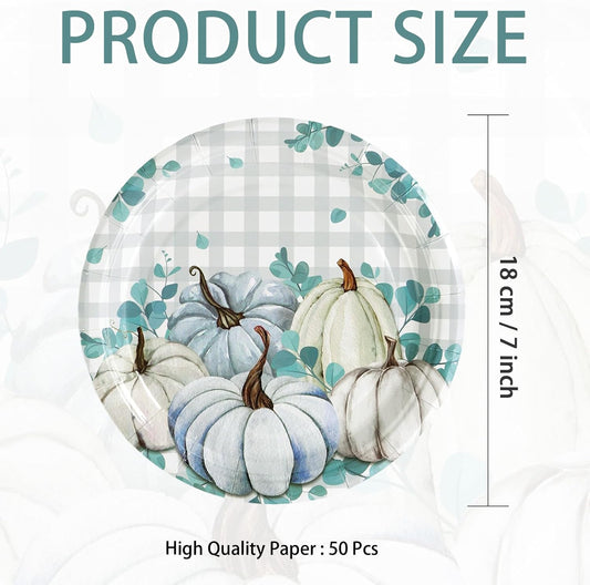 Grencian 50 Pcs Fall Blue Gingham Paper Plates 7" Blue Pumpkin Plates Disposable Thanksgiving Platter Fall Party Decorations for Thanksgiving Autumn Holiday Harvest Birthday Party Supplies