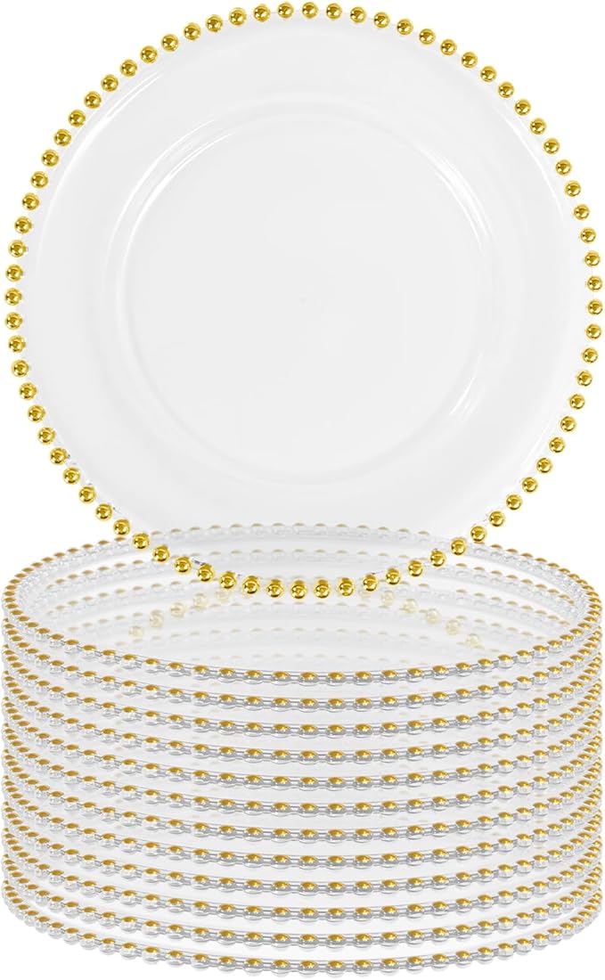12 PCS Clear Round Charger Plates with Beaded Rim, 13 Inch Plastic Acrylic Plate, Plastic Round Beaded Dinner Decorative Service Plates for Wedding Party Event, Home Kitchen Tabletop(Gold)