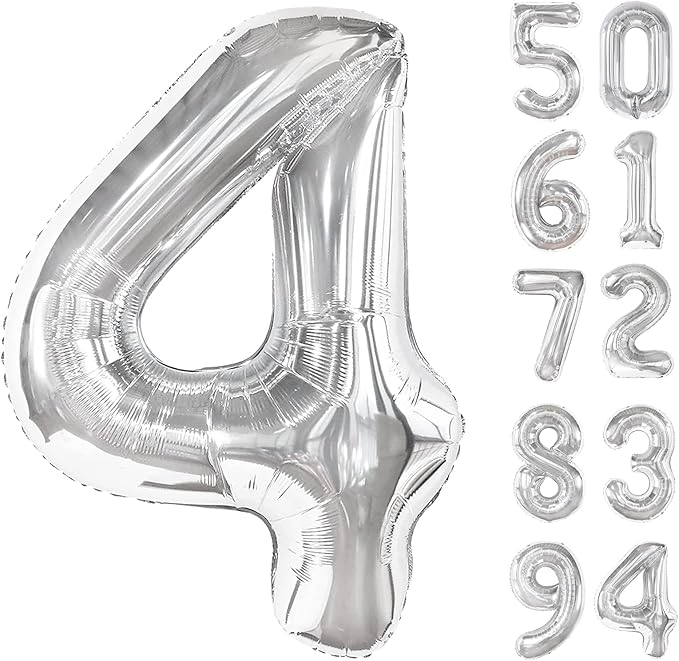 Silver 4 Balloon, Number Balloons 40 Inch, 4th Silver Party Decorations, Four Large Numbers for Party Decor, Number 4 Balloon